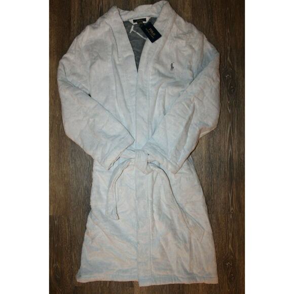 NWT RALPH LAUREN Large Polo Pony Plush Velour Bath Robe White Gray $150 - Picture 4 of 9